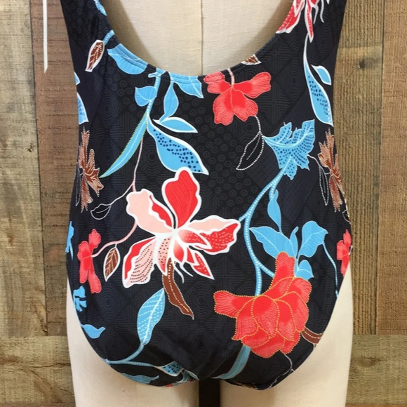 Walk On Beach Swimwear Womens Large Black Blue Floral Keyhole Back One Piece - Picture 8 of 13